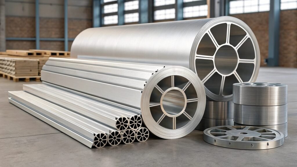 A visual comparison showing a block of steel and a block of aluminum of equal volume, with steel being much heavier. Then, show a graphic of a much larger and complex aluminum component that weighs the same as a smaller steel component, illustrating the strength-to-weight advantage.